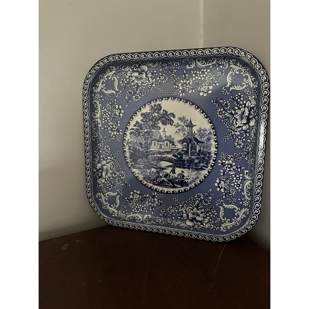Daher Blue Willow Decorated Ware Metal Tray 13.5" Square England Vintage